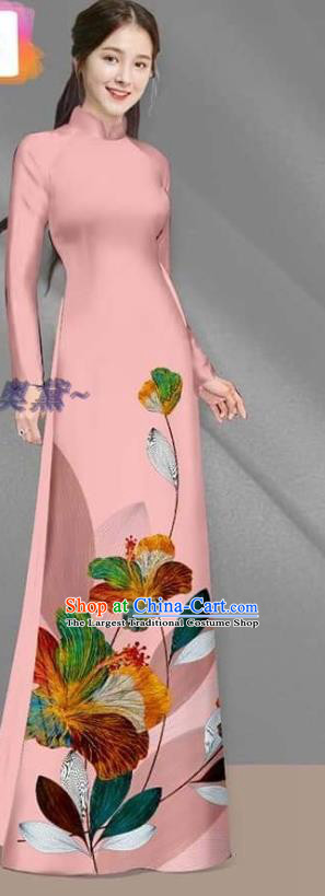 Light Pink Asian Custom Vietnam Women Ao Dai Costume Vietnamese Traditional Bride Long Dress with Pants Cheongsam Uniforms