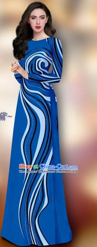 Traditional Vietnam Dress Ao Dai Clothing Asian Vietnamese Cheongsam and Pants Custom Royalblue Uniforms