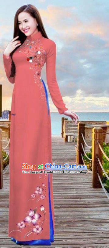 Vietnamese Pink Cheongsam Traditional Bride Long Dress with Pants Ao Dai Costume Asian Vietnam Custom Uniforms