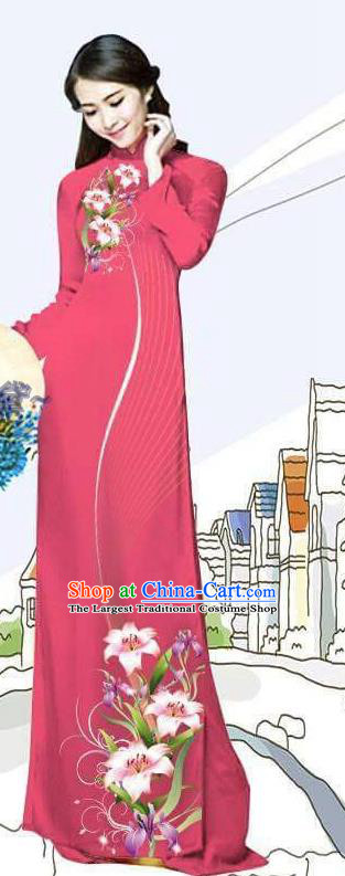 Asian Vietnam Rosy Long Dress Vietnamese Traditional Bride Cheongsam with Pants Ao Dai Costume Custom Printing Lily Flowers Uniforms