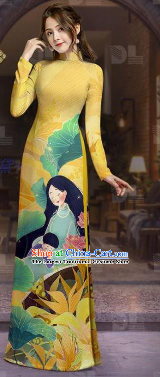 Asian Vietnamese Costume Traditional Vietnam Dress Ao Dai Clothing Custom Printing Uniforms Yellow Tunic with Pants