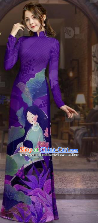 Vietnam Custom Purple Uniforms Asian Traditional Vietnamese Costume Ao Dai Clothing Printing Tunic Dress with Pants