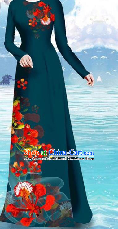 Vietnamese Female Atrovirens Cheongsam and Pants Custom Uniforms Printing Cockscomb Pattern Qipao Dress Asian Traditional Vietnam Ao Dai Clothing