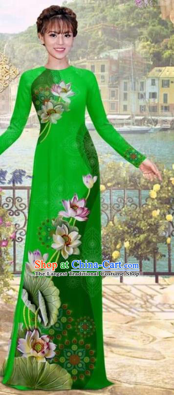 Deep Green Asian Vietnam Bride Uniforms Women Dress with Pants Printing Lotus Ao Dai Clothing Traditional Vietnamese Costume