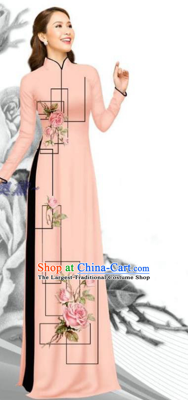 Asian Traditional Vietnam Women Printing Rose Pink Dress with Pants Uniforms Vietnamese Ao Dai Clothing Bride Costume