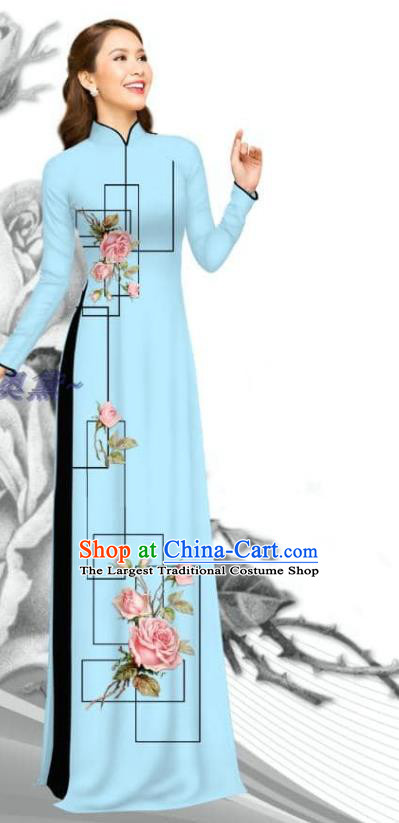 Traditional Vietnam Women Uniforms Asian Vietnamese Ao Dai Clothing Printing Rose Dress with Pants Bride Light Blue Costume