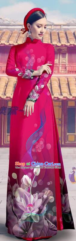 Custom Traditional Vietnam Bride Costume Printing Cheongsam with Pants Asian Vietnamese Clothing Magenta Ao Dai Dress