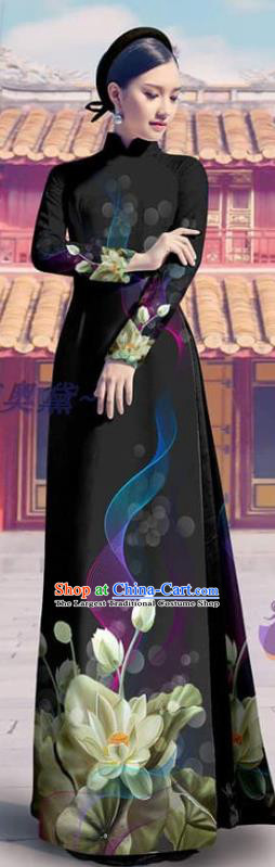 Custom Vietnam Traditional Printing Black Cheongsam with Pants Beauty  Costume Asian Vietnamese Ao Dai Dress Clothing