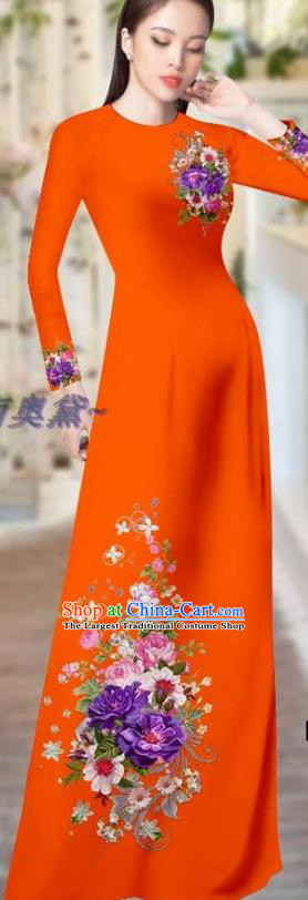 Vietnam Traditional Clothing Printing Cheongsam with Pants Asian Vietnamese Costume Custom Orange Ao Dai Dress