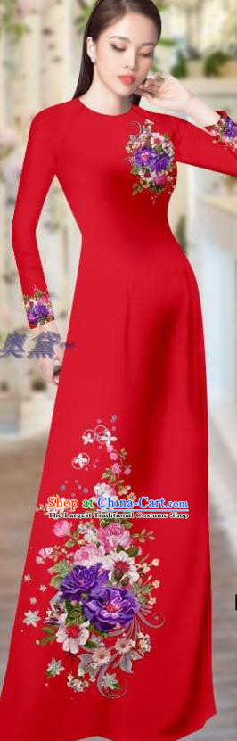 Vietnam Traditional Clothing Printing Cheongsam with Pants Asian Vietnamese Custom Red Ao Dai Dress Costume