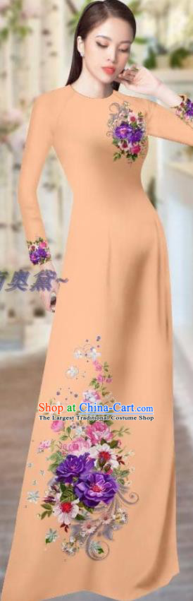 Asian Vietnamese Traditional Custom Apricot Uniforms Printing Cheongsam with Pants Vietnam Ao Dai Dress Costume