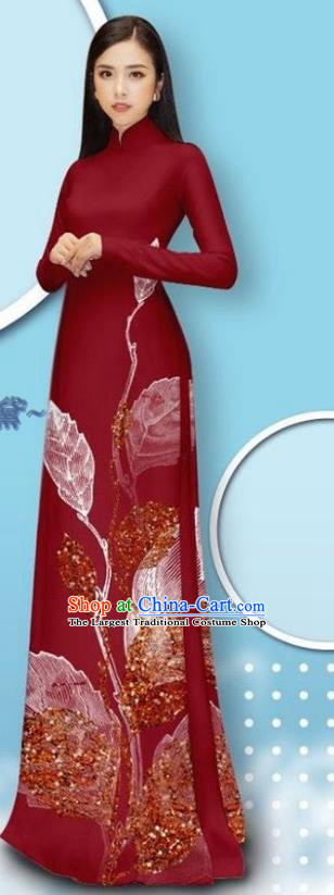 Asian Traditional Wine Red Long Dress with Pants Custom Vietnam Women Ao Dai Uniforms Vietnamese Cheongsam Bride Costume
