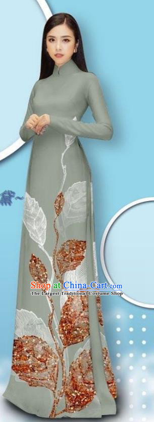 Asian Vietnamese Grey Cheongsam Bride Costume Traditional Long Dress with Pants Custom Vietnam Women Ao Dai Uniforms