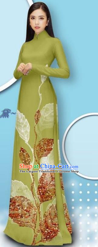 Vietnamese Female Green Long Dress with Pants Custom Asian Traditional Cheongsam Bride Costume Vietnam Ao Dai Uniforms
