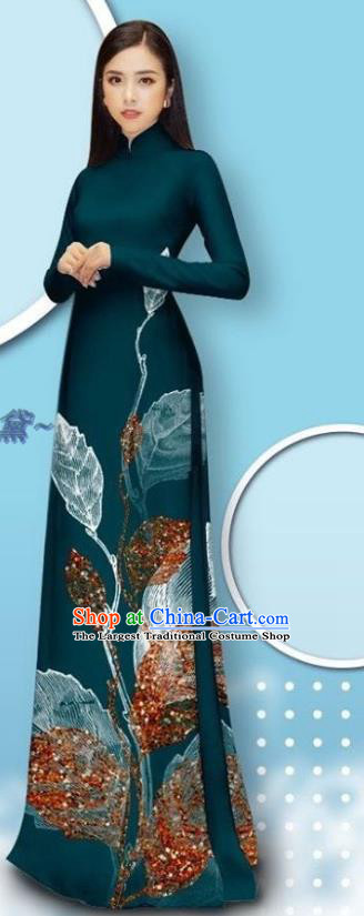 Vietnamese Traditional Navy Blue Long Dress with Pants Custom Vietnam Female Ao Dai Uniforms Cheongsam Asian Bride Costume