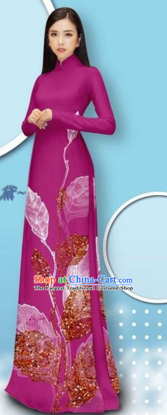 Vietnamese Traditional Rosy Cheongsam Custom Vietnam Female Ao Dai Uniforms Asian Bride Costume Long Dress with Pants