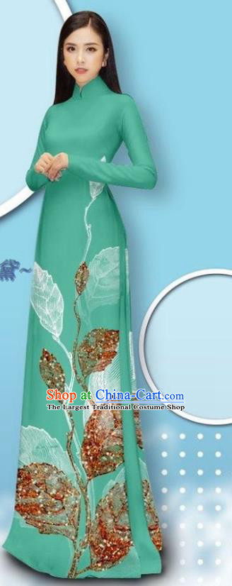 Asian Light Green Long Dress with Pants Uniforms Vietnamese Traditional Bride Costume Custom Vietnam Female Ao Dai Cheongsam