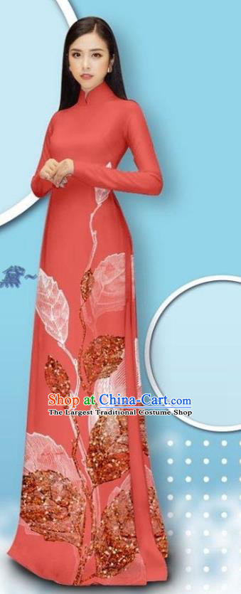 Watermelon Red Asian Long Dress with Pants Custom Vietnam Female Ao Dai Cheongsam Uniforms Vietnamese Traditional Bride Costume