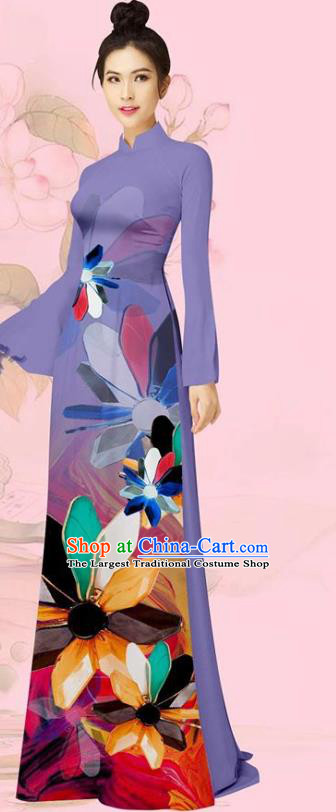 Vietnam Traditional Costume Asian Vietnamese Women Ao Dai Uniforms Long Dress with Pants Custom Violet Cheongsam