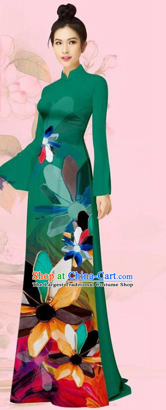 Custom Vietnamese Uniforms Vietnam Traditional Costume Asian Women Ao Dai Long Dress Deep Green Cheongsam with Pants