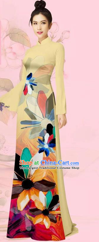 Custom Beige Ao Dai Uniforms Asian Vietnam Women Long Dress Costume Cheongsam with Pants Traditional Vietnamese Clothing