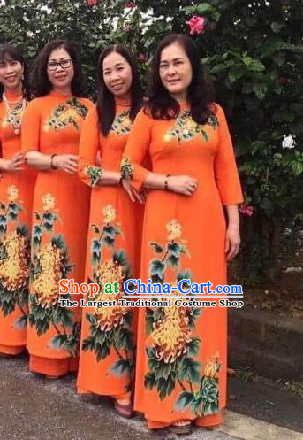 Asian Vietnam Wedding Costume Traditional Vietnamese Clothing Printing Chrysanthemum Ao Dai Dress Cheongsam with Pants Custom Uniforms