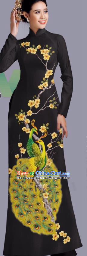 Asian Vietnam Classical Peacock Pattern Costume Traditional Vietnamese Clothing Bride Cheongsam with Pants Uniforms Custom Black Ao Dai Dress