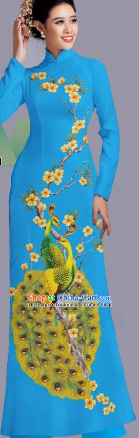 Asian Vietnam Custom Blue Ao Dai Dress Classical Peacock Pattern Costume Traditional Vietnamese Clothing Bride Cheongsam with Pants Uniforms