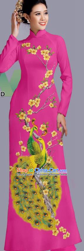 Custom Asian Vietnam Classical Peacock Pattern Ao Dai Dress with Pants Uniforms Traditional Vietnamese Clothing Bride Rosy Cheongsam Costume