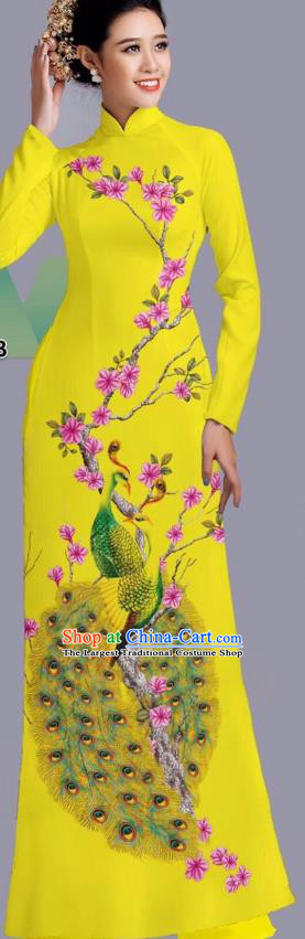 Vietnamese Custom Bride Yellow Cheongsam Asian Vietnam Classical Peacock Pattern Traditional Clothing Ao Dai Dress with Pants Uniforms