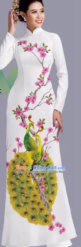 Custom Bride White Cheongsam Asian Vietnam Classical Peacock Pattern Ao Dai Dress with Pants Uniforms Traditional Vietnamese Clothing