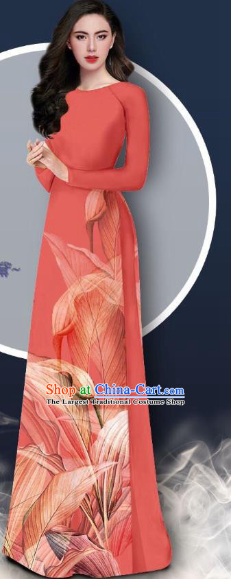 Deep Pink Vietnam Bride Ao Dai Dress with Loose Pants Uniforms Chiffon Cheongsam Vietnamese Asian Traditional Custom Wedding Clothing