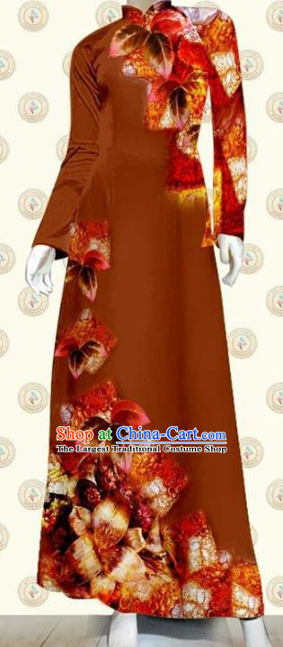 Vietnam Classical Cheongsam Vietnamese Traditional Civilian Women Ao Dai Clothing Oriental Fashion Brown Qipao Dress with Pants