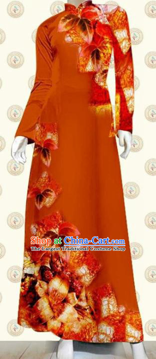 Vietnam Jacinth Cheongsam Vietnamese Traditional Ao Dai Clothing Asian Classical Civilian Female Qipao Dress with Pants Oriental Fashion