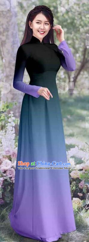 Vietnamese Costumes Asian Traditional Ao Dai Clothing Qipao Dress with Pants Vietnam Classical Gradient Lilac Cheongsam