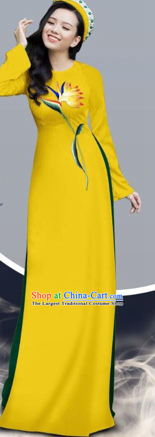 Traditional Vietnamese Long Dress with Loose Pants Outfits Women Fashion Asian Vietnam Ao Dai Clothing Printing Yellow Cheongsam