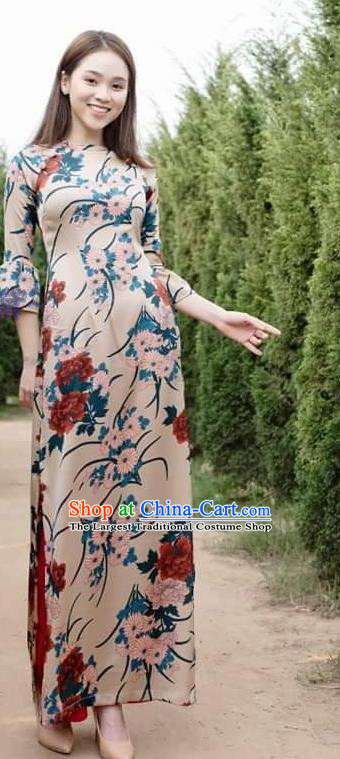 Vietnamese Women Ao Dai Dress Traditional Cheongsam Clothing Vietnam Stage Show Fashion Long Dress with Loose Pants Outfits