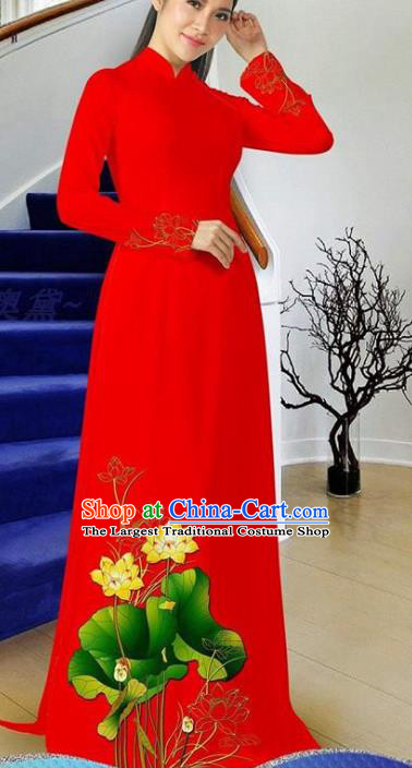 Vietnam Red Cheongsam with Pants Two Piece Set Vietnamese Ao Dai Dress Traditional Classical Costumes Asian Women Qipao Clothing