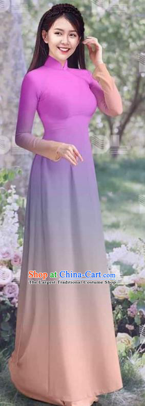 Vietnam Gradient Lilac Qipao Dress Traditional Costumes Ao Dai Clothing Asian Vietnamese Women Classical Cheongsam with Pants