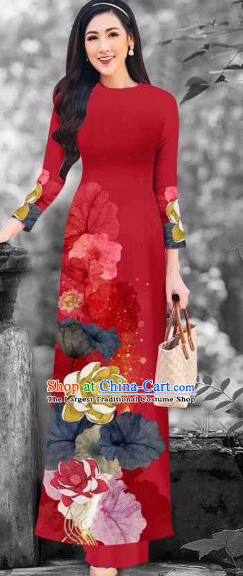 Red Traditional Vietnamese Cheongsam with Loose Pants Garment Ao Dai Dress Custom Asian Vietnam Fashion Apparel
