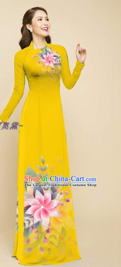 Oriental Beauty Yellow Cheongsam Traditional Vietnam Women Ao Dai Clothing Vietnamese Bridal Fashion Qipao Dress with Loose Pants Outfits