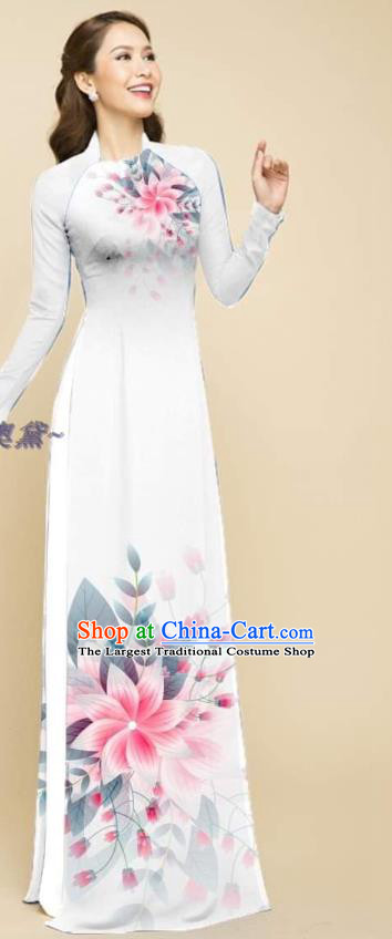 Traditional Vietnam White Ao Dai Qipao Dress with Loose Pants Women Clothing Oriental Beauty Cheongsam Outfits Vietnamese Bridal Fashion