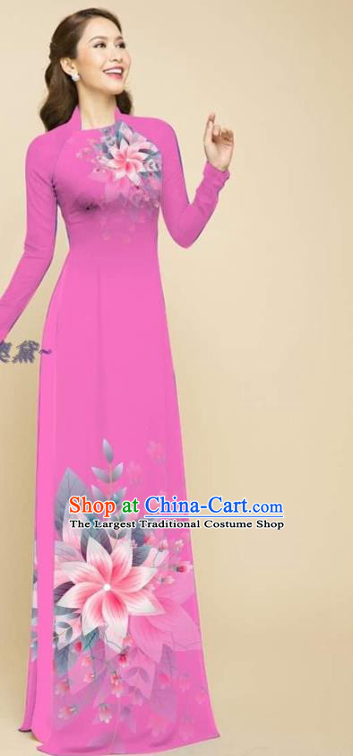 Traditional Vietnamese Women Rosy Ao Dai Qipao Dress with Loose Pants Outfits Oriental Beauty Cheongsam Fashion Vietnam Clothing