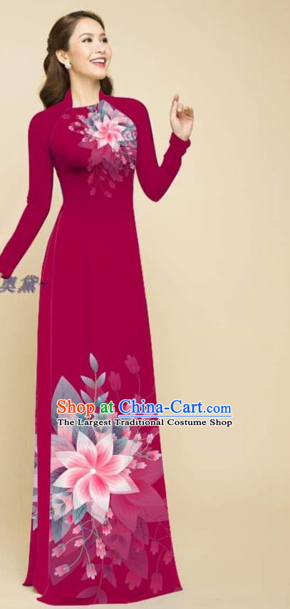 Traditional Vietnamese Women Wine Red Ao Dai Qipao Dress Fashion Clothing Vietnam Oriental Beauty Cheongsam with Loose Pants Outfits