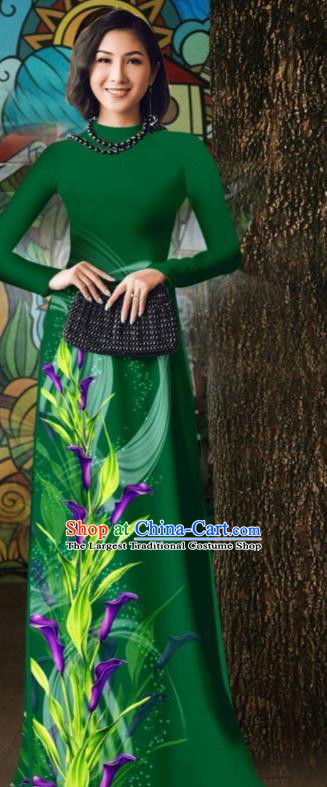 Vietnamese Oriental Qipao Dress with Loose Pants Outfits Vietnam Stage Show Costume Traditional Dark Green Ao Dai Cheongsam