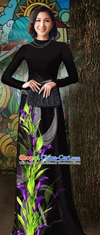 Vietnamese Traditional Ao Dai Dress Vietnam Stage Show Costume Oriental Classical Qipao with Loose Pants Outfits Black Cheongsam