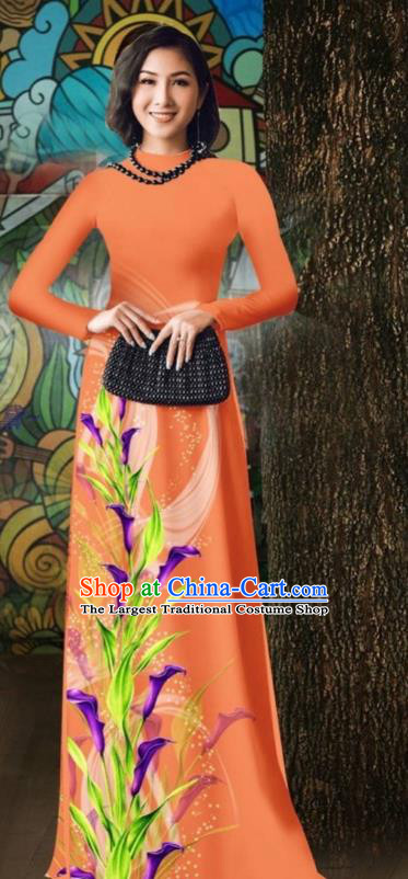 Vietnamese Stage Show Costume Traditional Ao Dai Dress Vietnam Classical Qipao with Loose Pants Outfits Oriental Orange Cheongsam