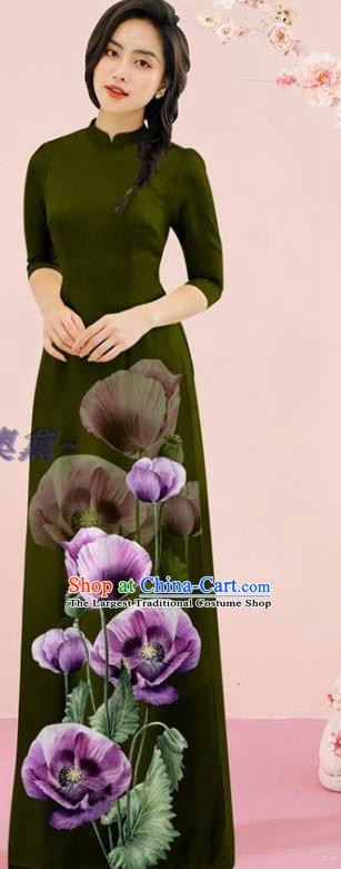 Fashion Vietnamese Stage Show Costume Traditional Ao Dai Dress Vietnam Oriental Olive Green Cheongsam Classical Qipao with Loose Pants Outfits