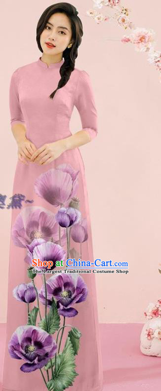 Traditional Oriental Pink Cheongsam Vietnamese Costume Fashion Classical Qipao with Loose Pants Outfits Vietnam Ao Dai Dress