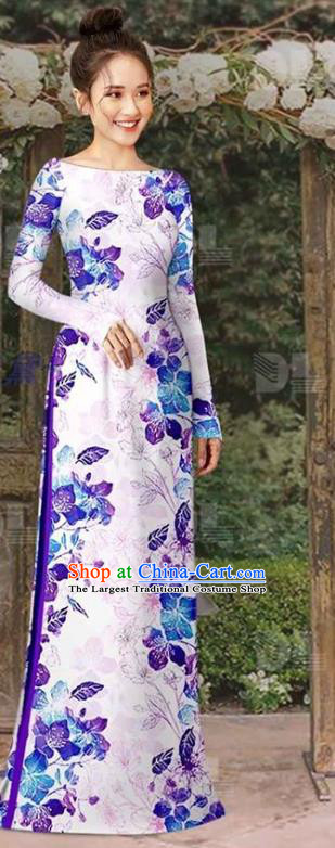 Vietnam Traditional Fashion Oriental Cheongsam Vietnamese Purple Ao Dai Dress Classical Qipao with Loose Pants Set